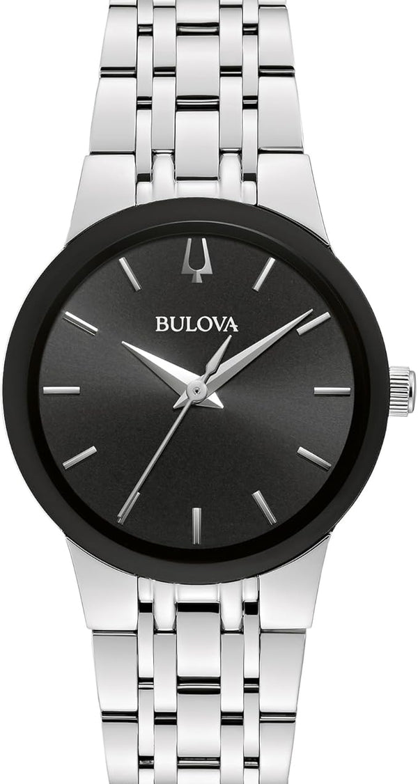 Women Ladies' Modern Stainless Steel 3-Hand Quartz Watch, Black Dial Style