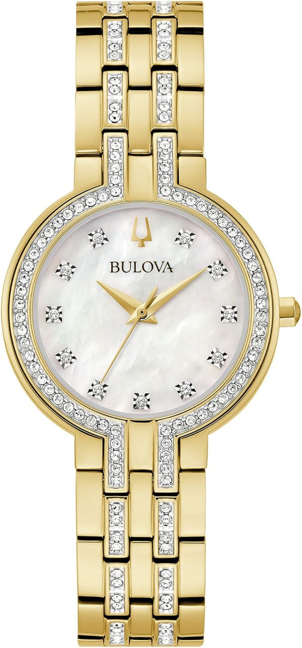Bulova-Ladies' Crystal Gold-Tone Stainless Steel Box Set with White Mother-of-Pearl Dial 3-Hand Quartz-Watch