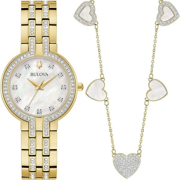 Bulova-Ladies' Crystal Gold-Tone Stainless Steel Box Set with White Mother-of-Pearl Dial 3-Hand Quartz-Watch
